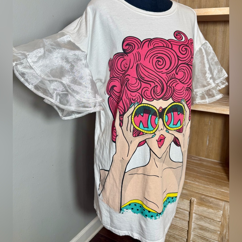 Occasion, Pop Art T-Shirt Dress White Organza Ruffle Sleeve WOW Binoculars